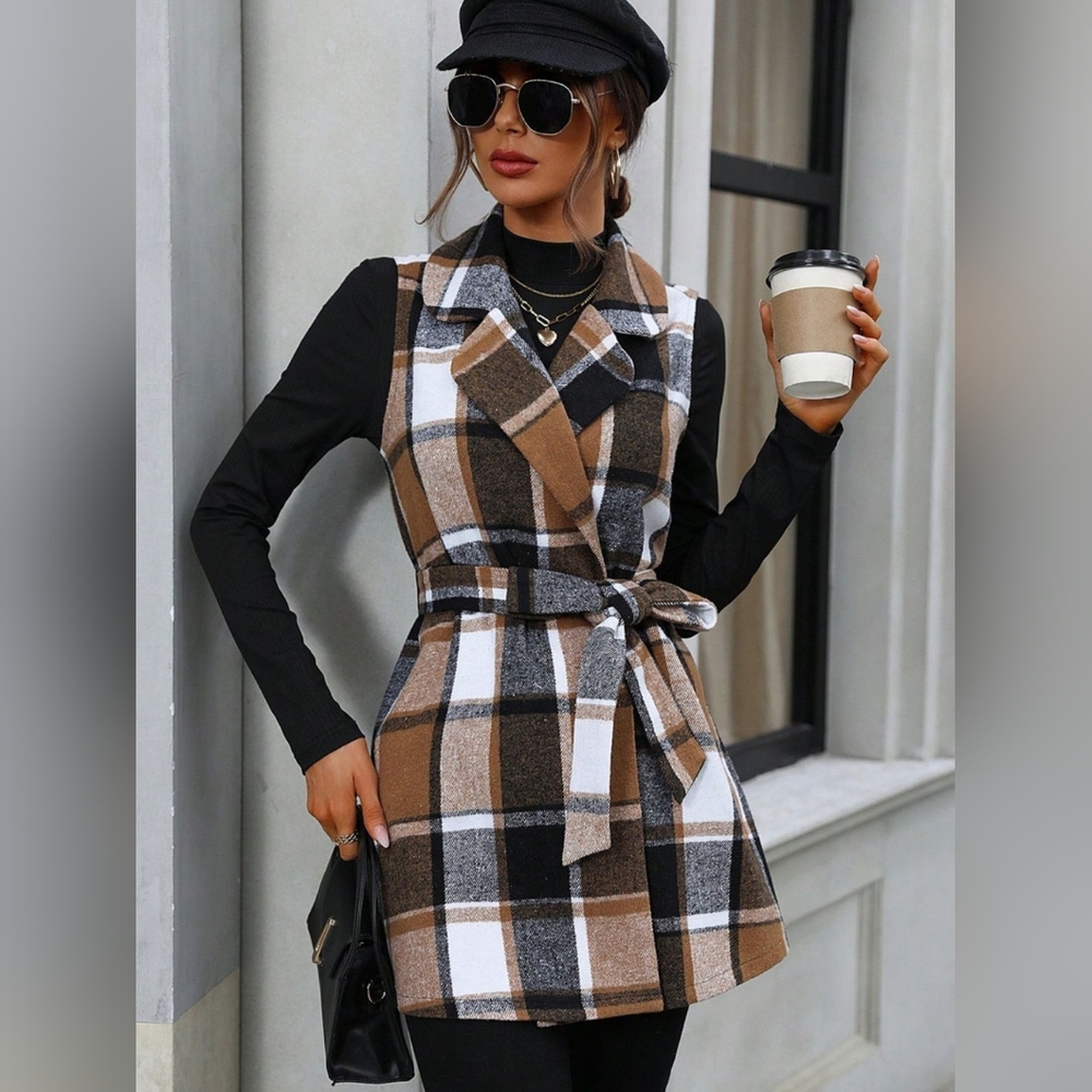 Tied Plaid Collared Neck Vest